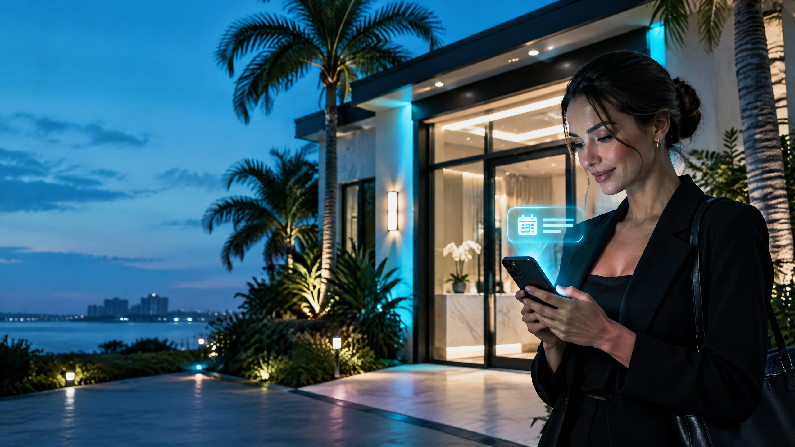 Florida med spa at dusk with a phone, website booking page, and cyan after-hours response indicator