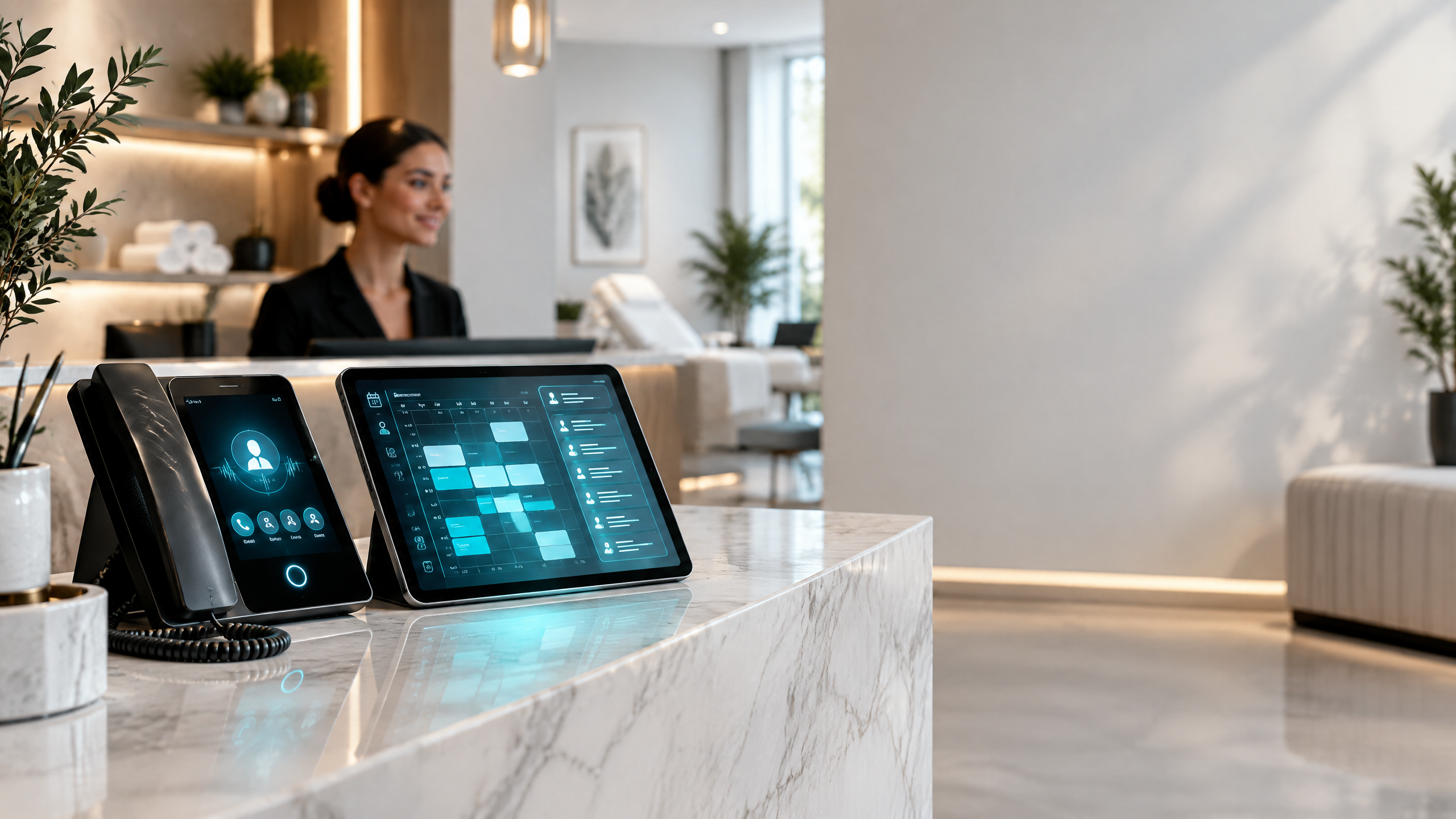 Warm modern med spa reception desk with a subtle AI call and calendar interface