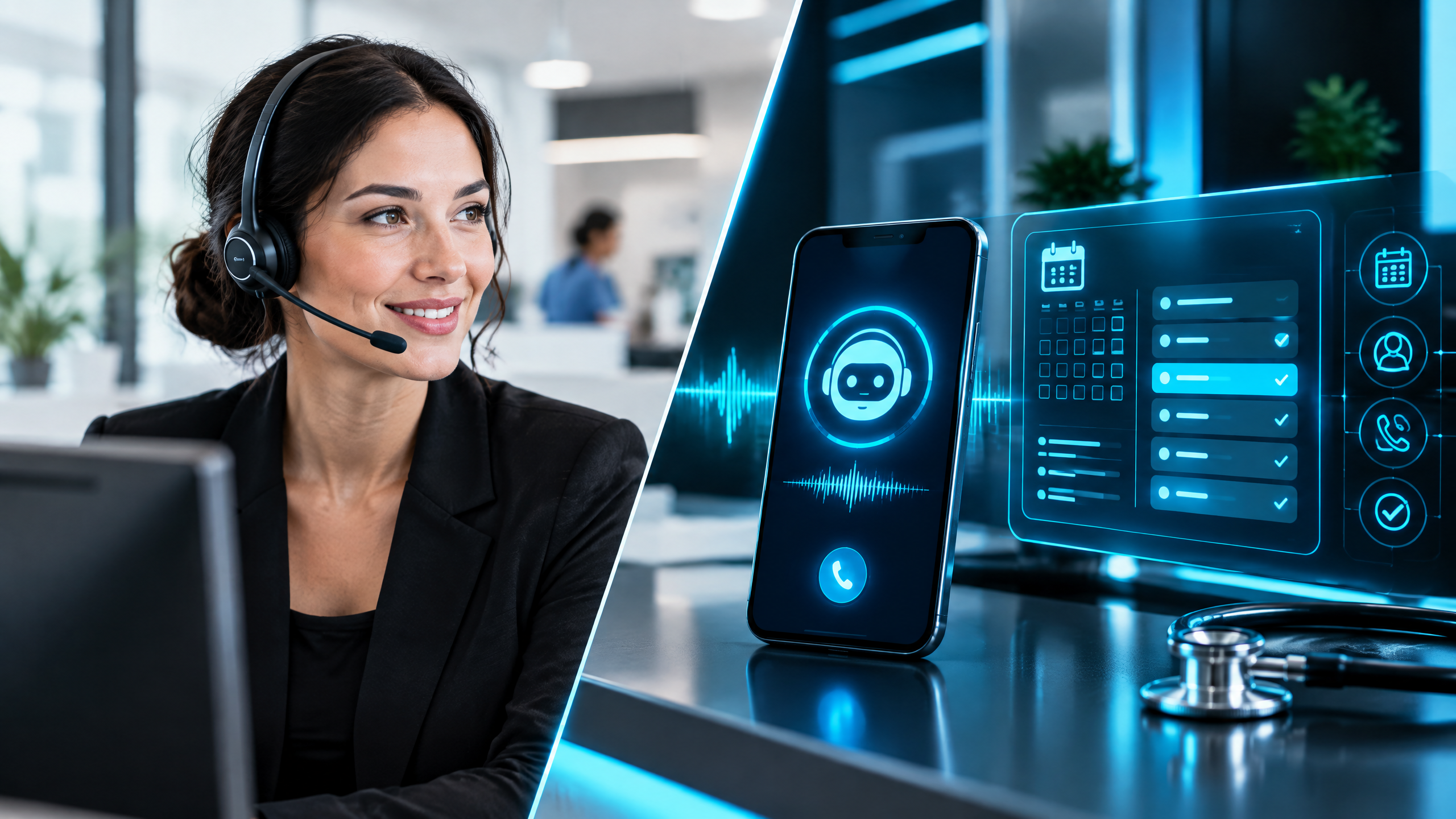 Split editorial image comparing a human medical answering service operator with an AI booking dashboard