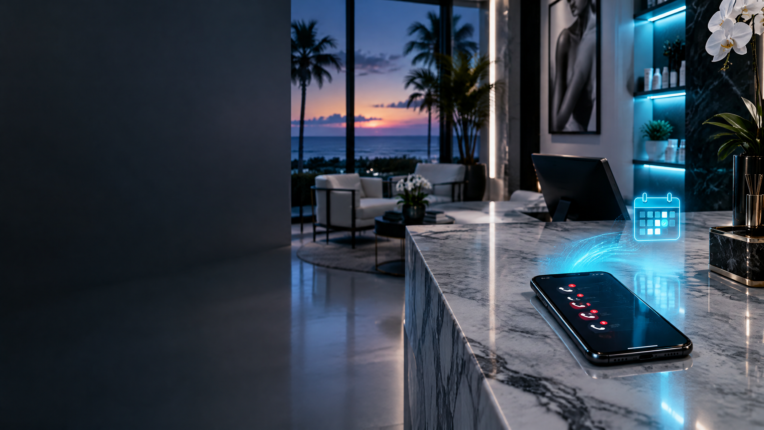 Florida med spa owner reviewing missed calls and booking opportunities on a dark analytics dashboard